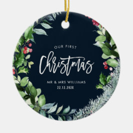 Vår första jultomte vinterkrans julgransprydnad keramik