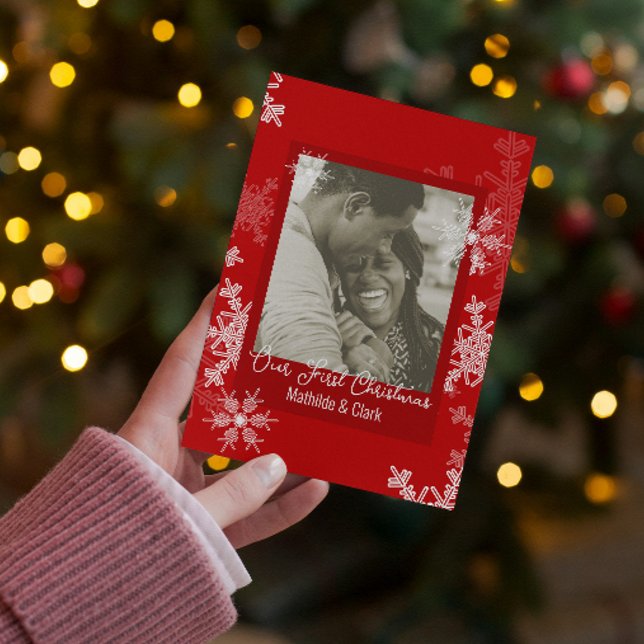 Vår första lilla rödSnöflingor i jul Julkort (Skapare uppladdad)