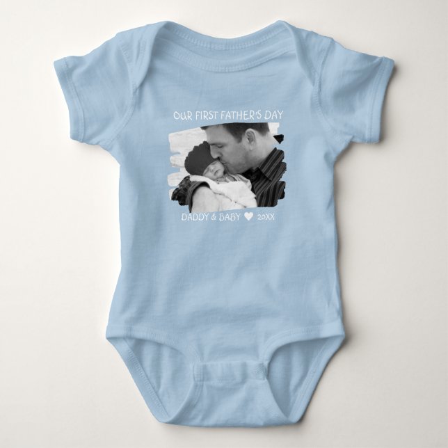 Vår första nya Fars dag-pappa och Baby-fotoblå T Shirt (Framsida)