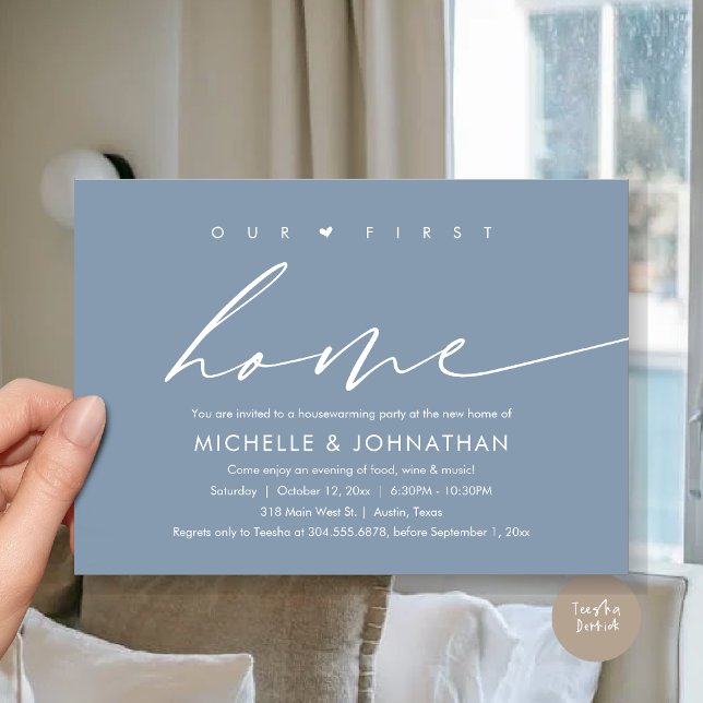 Vår första nya hem, husvärmningsfest firande inbjudningar (Our First New Home, Housewarming Party Celebration Invitation Card, PDF, in Dusty Blue)