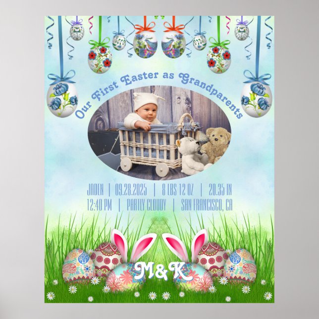 Vår första Påsk som morföräldrar Baby blue foto Poster (Framsidan)