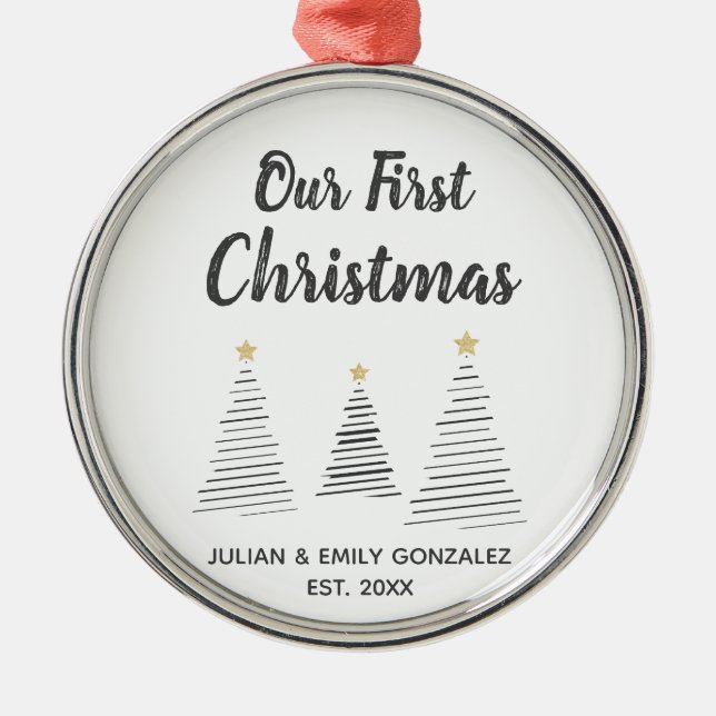 Vår första svarta och vita Elegant Träd Julgransprydnad Metall (Framsidan)