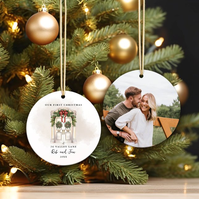 Vår första vita juldörr, ett foto julgransprydnad keramik (Create your own personalized ornament for your First Christmas together as a couple!)