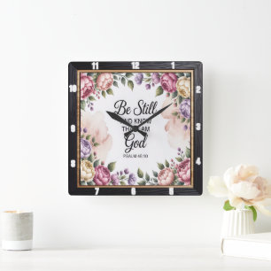 Var fortfarande Guds Blommigt Ram Fyrkantig Klocka