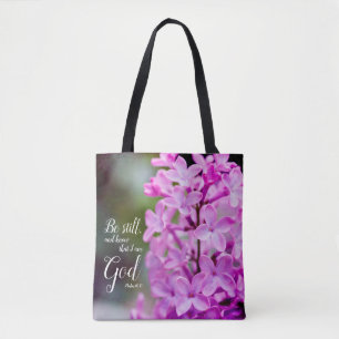 Var fortfarande Psalm 46:10 Lila Lilac Flowers Tygkasse