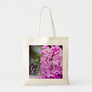 Var fortfarande Psalm 46:10 Lila Lilac Flowers Tygkasse