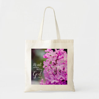 Var fortfarande Psalm 46:10 Lila Lilac Flowers Tygkasse