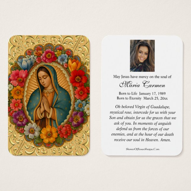 VÅR FRELSARINNA AV GUADALUPE BEGRAVNINGSKORT VISITKORT (Framsida & baksida)