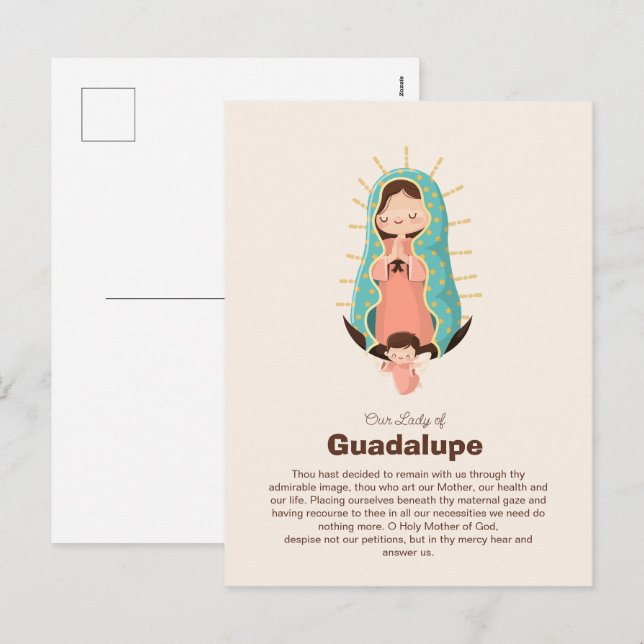 Vår Fru av Guadalupe hållen av en ängel Helg Vykort (Fram/baksida)