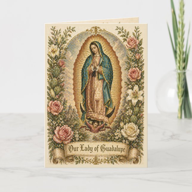 Vår fru av Guadalupe katolska böneblommor Tack Kort (Framsida)