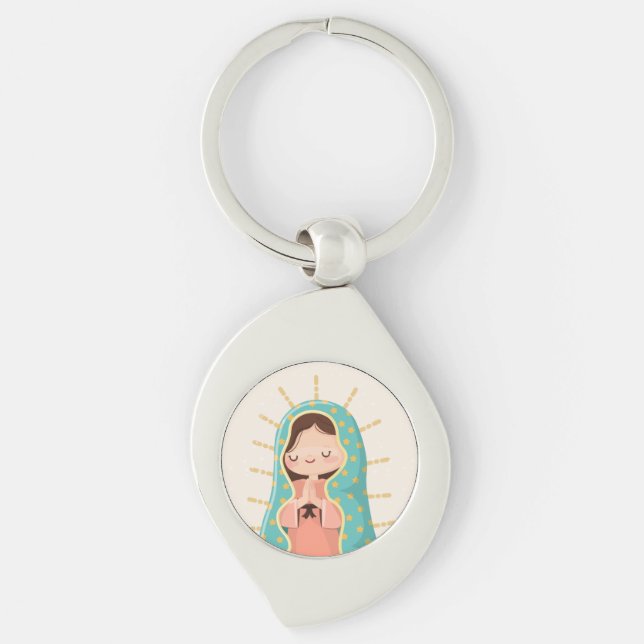 Vår Fru av Guadalupe Kawaii Stil Swirl Silverfärgad Nyckelring (Framsidan)