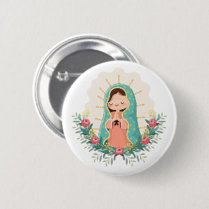 Vår Fru av Guadalupe med blommor Kawaii-stil Knapp