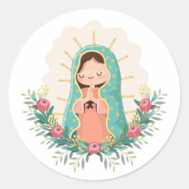 Vår Fru av Guadalupe med blommor Kawaii-stil Runt Klistermärke