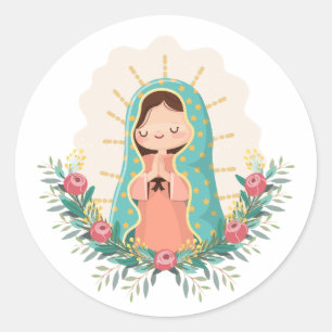 Vår Fru av Guadalupe med blommor Kawaii-stil Runt Klistermärke