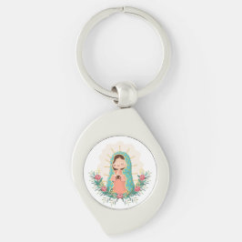 Vår Fru av Guadalupe med blommor Kawaii-stil Swirl Silverfärgad Nyckelring