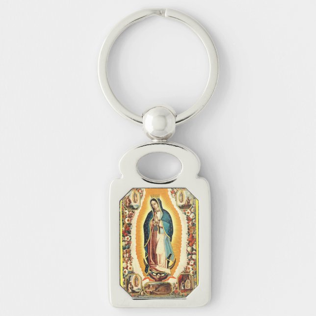 Vår Fru av Guadalupe Rektangulärt Silverfärgad Nyckelring (Framsidan)