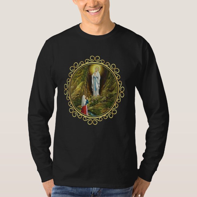 Vår Fru av Lourdes St Bernadette Obefläckade Maria T Shirt (Framsida)