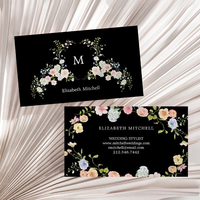 Vår Garden-Blommigten på Black | Monogram Visitkort (Skapare uppladdad)