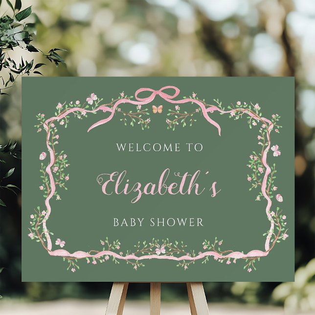 Vår Garden Sage Grönt Rosa Baby Shower  Välkommen Poster (Skapare uppladdad)