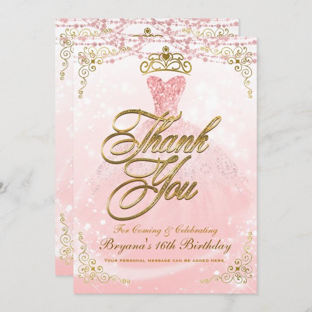 Vår Gäst Prinsessa Rosa Guld Sweet 16 Tack Inbjudningar (Fram/baksida)