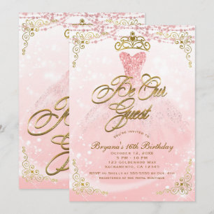 Vår gäst prinsessa rosa och guld Sweet 16-fest Inbjudningar