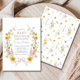 Vår Girl Bow Rosa Wildblomma Baby Shower Inbjudningar