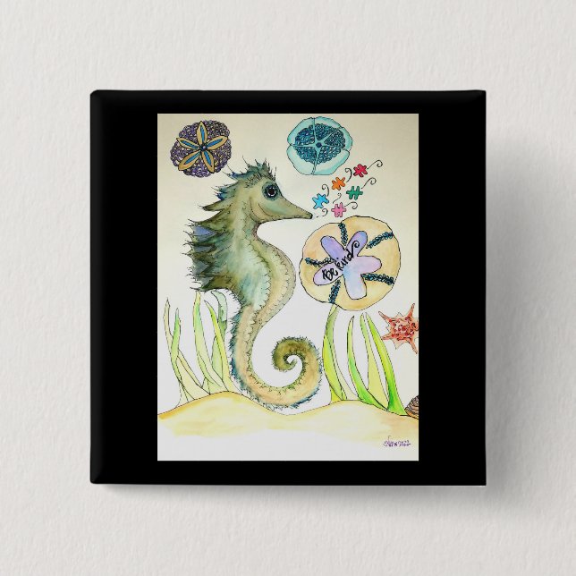 Var god vattenfärg på Seahorse och puzzle delar Knapp (Framsida)