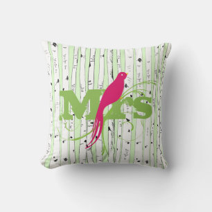 Vår Grönt och Fuchsia Birch Träd Bird Kudde