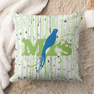 Vår Grönt och Royal Blue Birch Träd Bird Kudde
