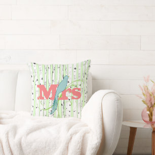 Vår Grönt, Peach Aqua Birch Träd Pillow Kudde
