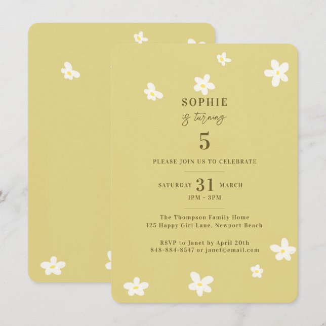 Vår Grönt White Daisys Girl Födelsedagsfest Inbjudningar (Fram/baksida)