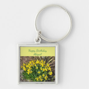 Vår Gult Daffodils Birthday Fyrkantig Silverfärgad Nyckelring