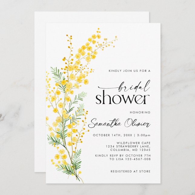 Vår Gult Golden Mimosa Blommigt Möhippa  Inbjudningar (Fram/baksida)