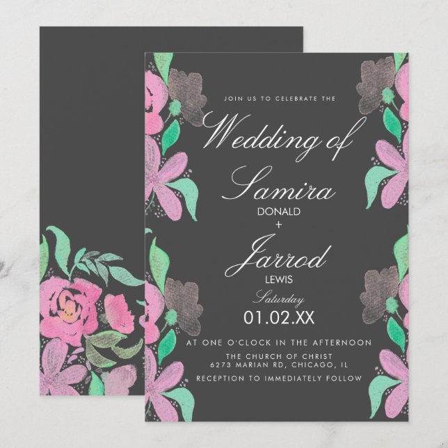 Vår Hand Watercolor Rosa Greenery Bröllop Inbjudningar (Fram/baksida)