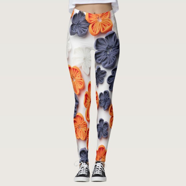 Vår handgjorda sadelblommor orange blå leggings (Framsida)