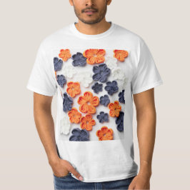 Vår handgjorda sadelblommor orange blå t shirt