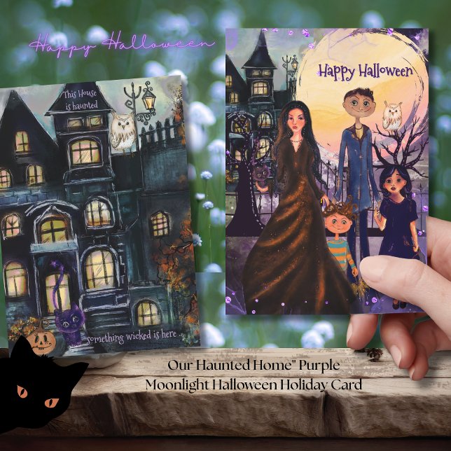 Vår hemlösa Lila Moonlight Halloween Julkort (Our Haunted Home Purple Moonlight Halloween Holiday Card)