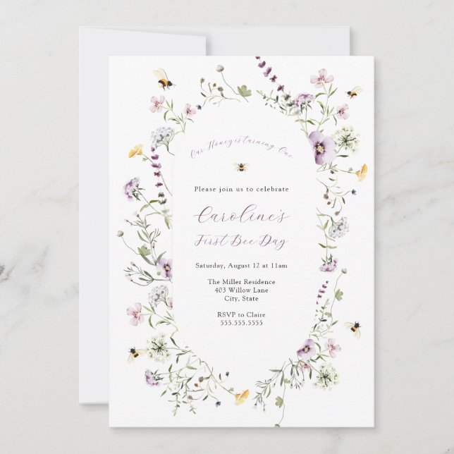 Vår honungsbi Lila Wildblomdag Inbjudningar (Framsida)