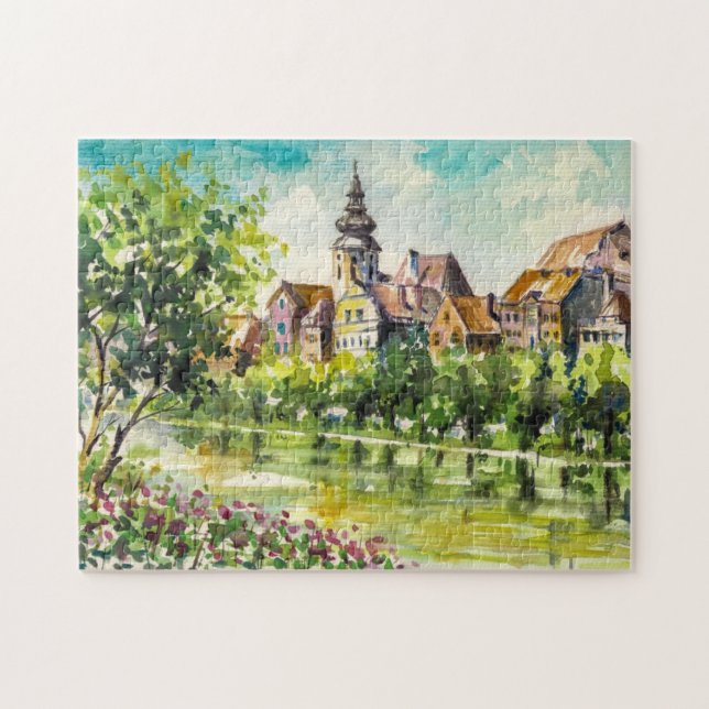 Vår i liten stad på floden pussel (Horisontell)