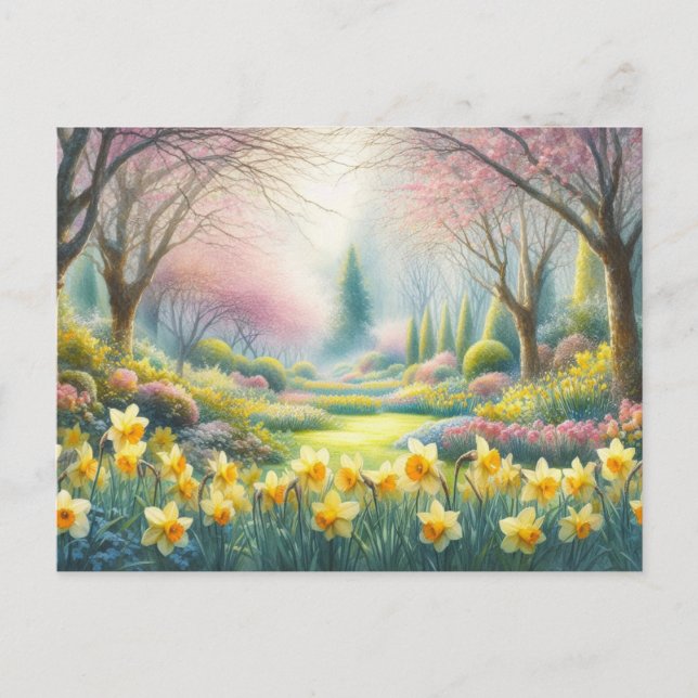Vår i parken med blommande narcisser vykort (Framsida)