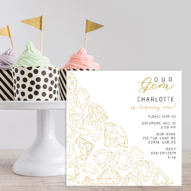 Vår inbjudan till Gem Guld 1:a födelsedag (modern gold glitter birthday party invitation)