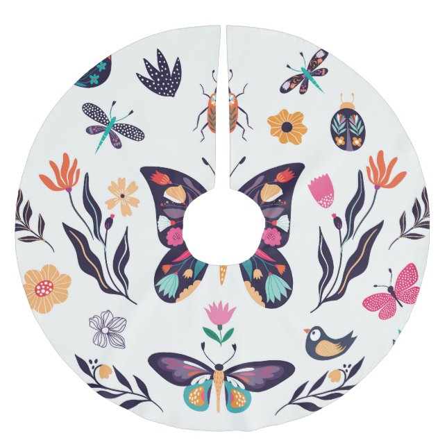 Vår Inslag Butterflies Birds Flowers Julgransmatta Borstad Polyester (Framsidan)