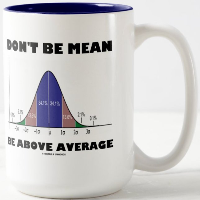 Var inte Elaket över genomsnittet (Statistik Humor Två-Tonad Mugg (Wry stats humor comes alive on this mug featuring the stats advice "Don't Be Mean Be Above Average")