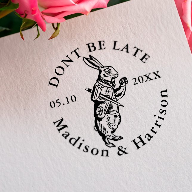 Var inte för sent Alice i underlandskål Bröllop Självfärgande Stämpel (Don't Be Late Alice In Wonderland Rabbit Wedding Self-inking Stamp)