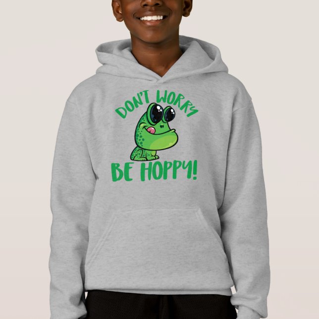 Var inte orolig Var glad Tecknad glad groda T Shirt (Framsida)