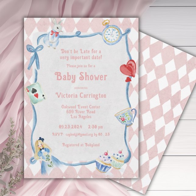 Var inte sen Alice i underlandets Rosa Babyskor Inbjudningar (Skapare uppladdad)