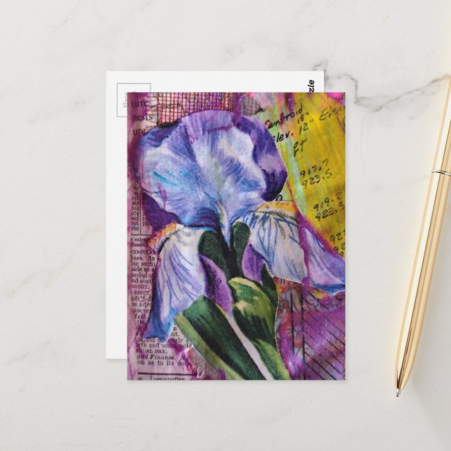 Vår Iris Blomma mixed media collage Postkort Vykort (Fram/Back In Situ)
