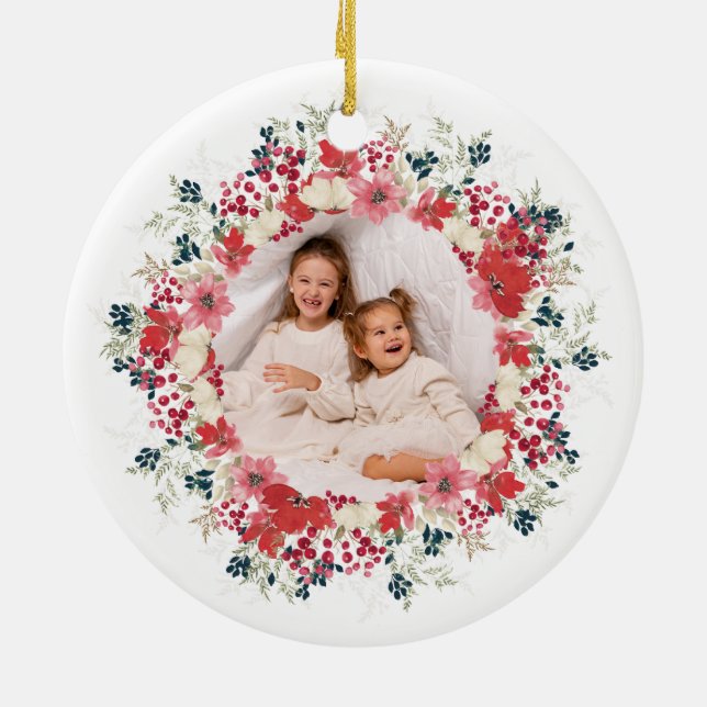 Vår julklapp i år, botaniskt foto julgransprydnad keramik (Baksidan)