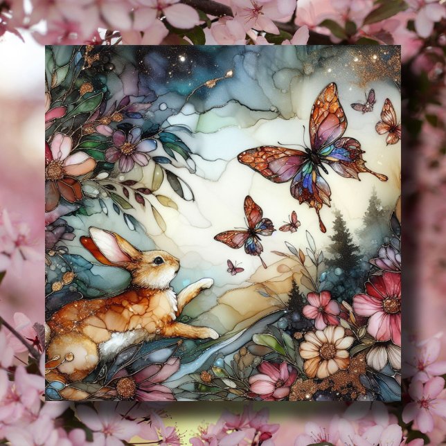 Vår, kanin och fjärilar, glasaktigt Påsk Julkort (Skapare uppladdad)