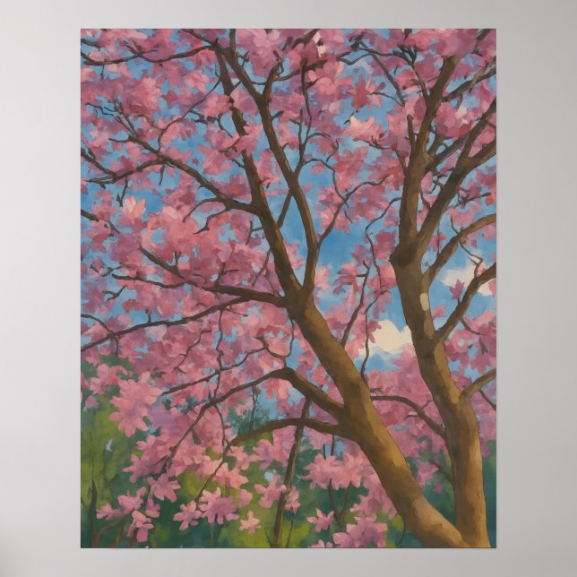 Vår-kanopi - Blommar Träd & Blå himmel-målning Poster (Framsidan)